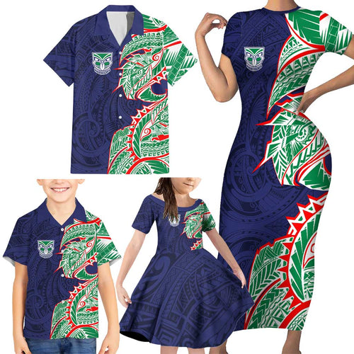New Zealand Warriors Family Matching Short Sleeve Bodycon Dress and Hawaiian Shirt Polynesian Tribal Tattoo Pacific Sport Art