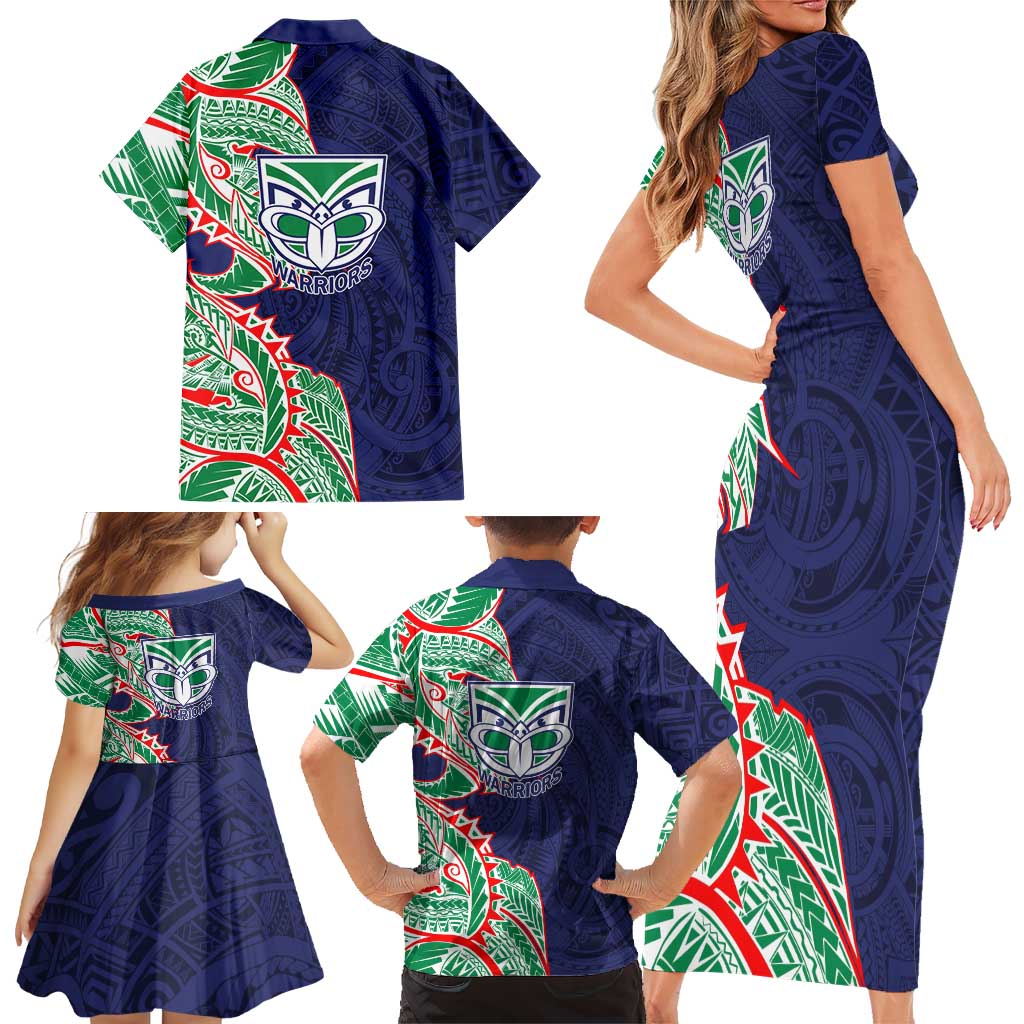 New Zealand Warriors Family Matching Short Sleeve Bodycon Dress and Hawaiian Shirt Polynesian Tribal Tattoo Pacific Sport Art