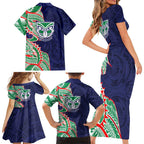 New Zealand Warriors Family Matching Short Sleeve Bodycon Dress and Hawaiian Shirt Polynesian Tribal Tattoo Pacific Sport Art