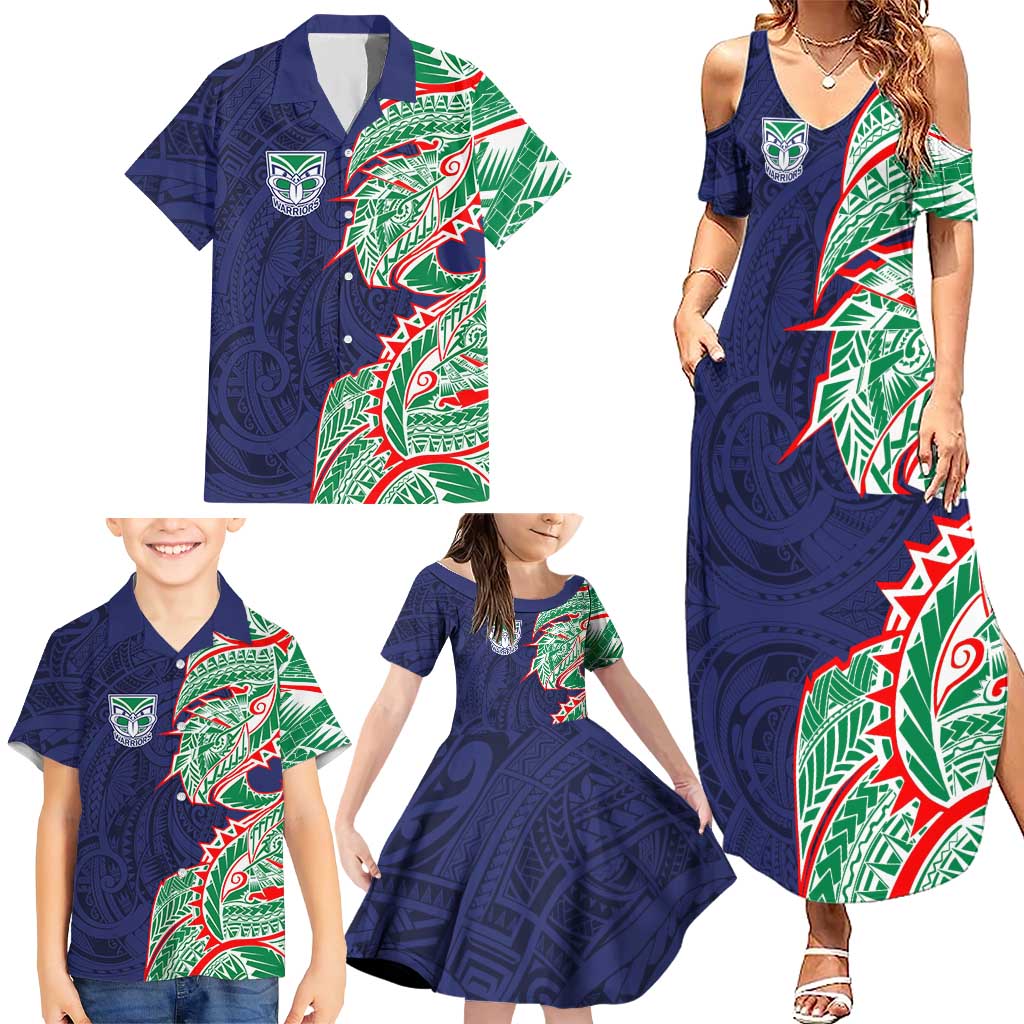 New Zealand Warriors Family Matching Summer Maxi Dress and Hawaiian Shirt Polynesian Tribal Tattoo Pacific Sport Art