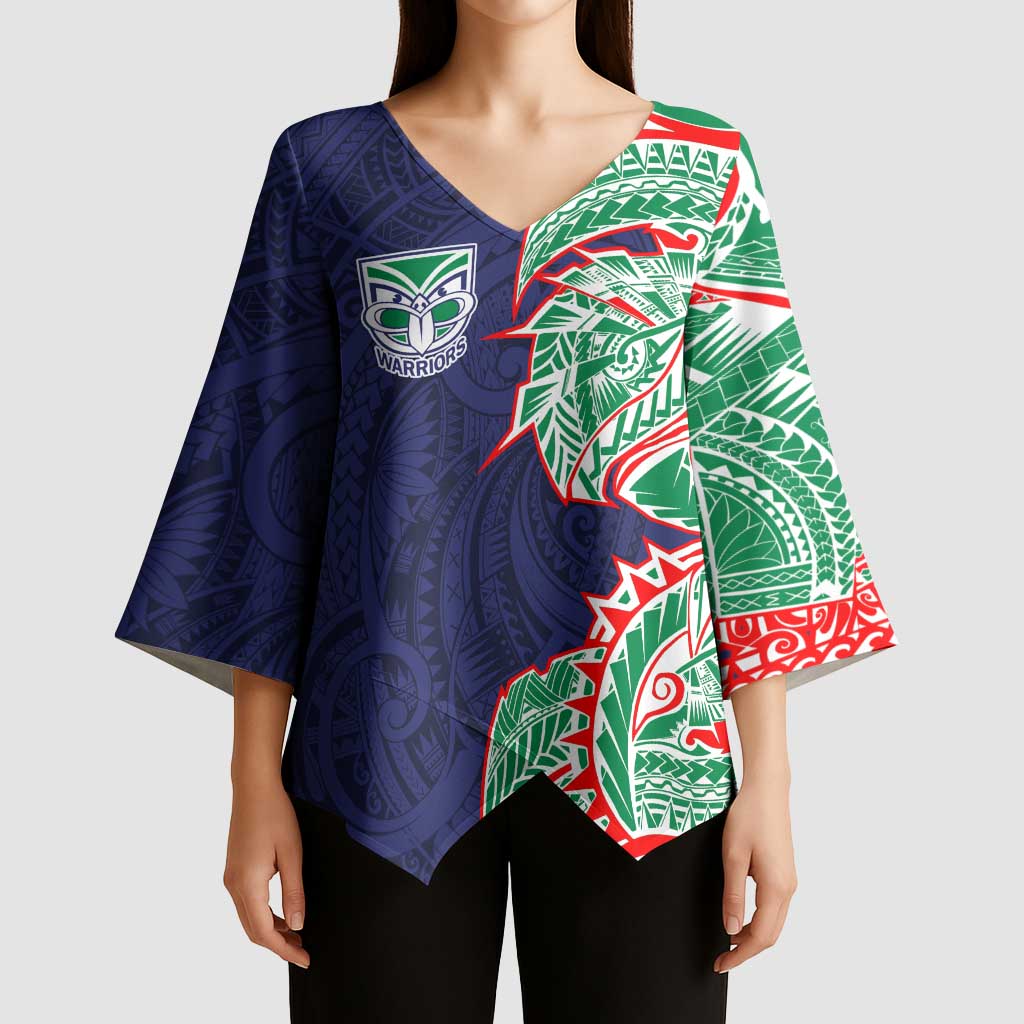 New Zealand Warriors Kimono Sleeve Blouse Polynesian Tribal Tattoo Pacific Sport Art