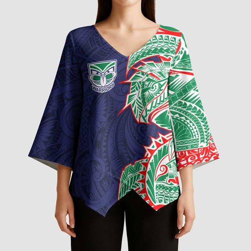 New Zealand Warriors Kimono Sleeve Blouse Polynesian Tribal Tattoo Pacific Sport Art