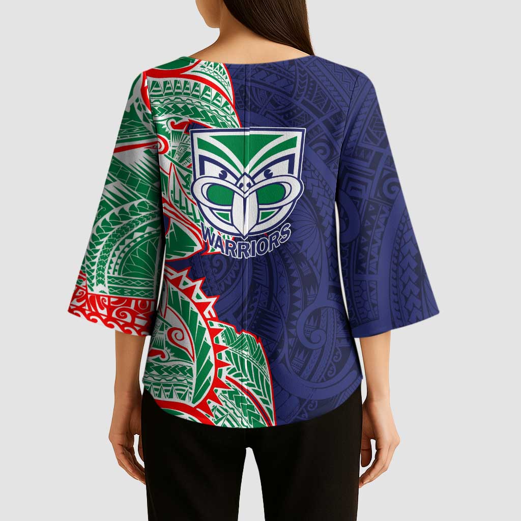 New Zealand Warriors Kimono Sleeve Blouse Polynesian Tribal Tattoo Pacific Sport Art
