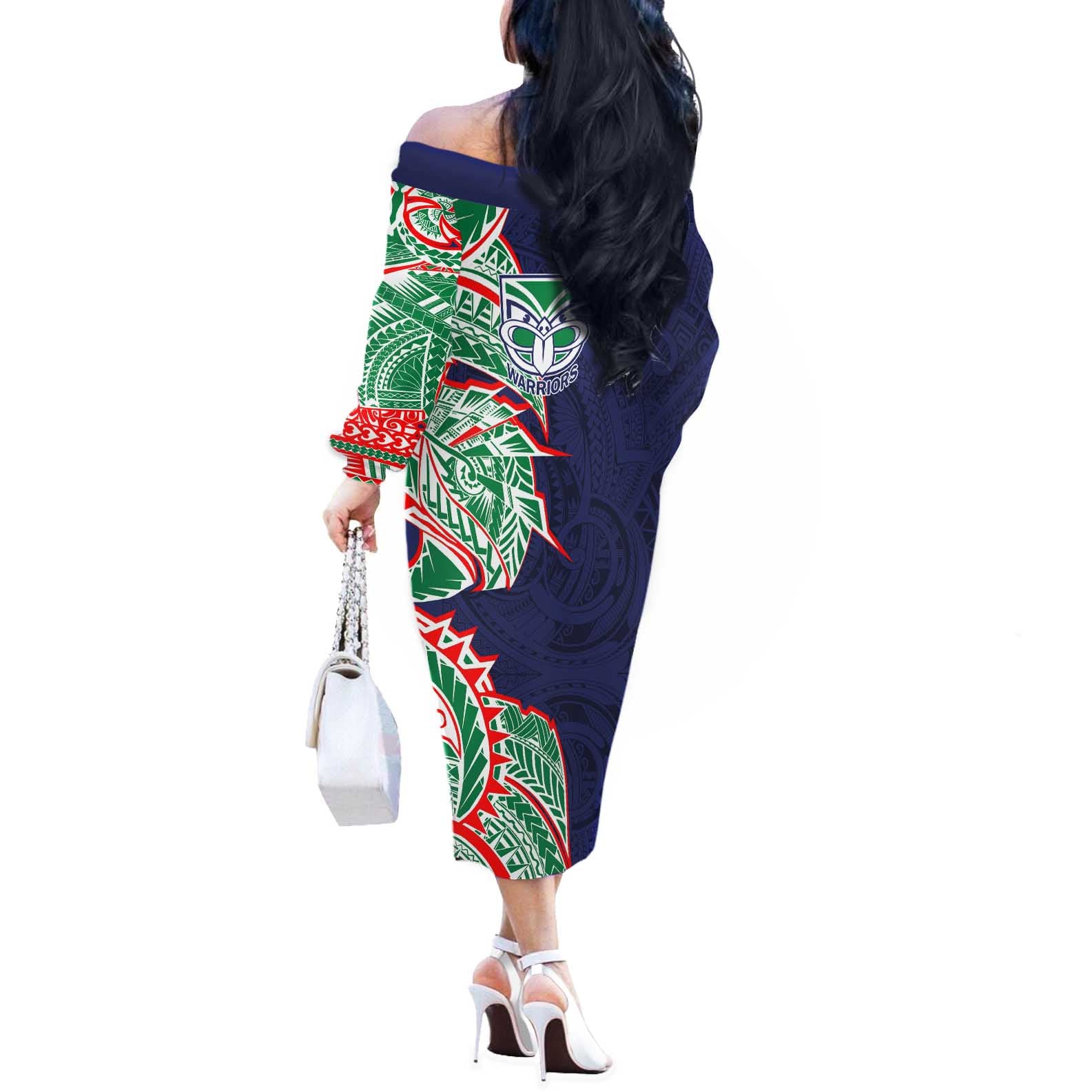 New Zealand Warriors Off The Shoulder Long Sleeve Dress Polynesian Tribal Tattoo Pacific Sport Art