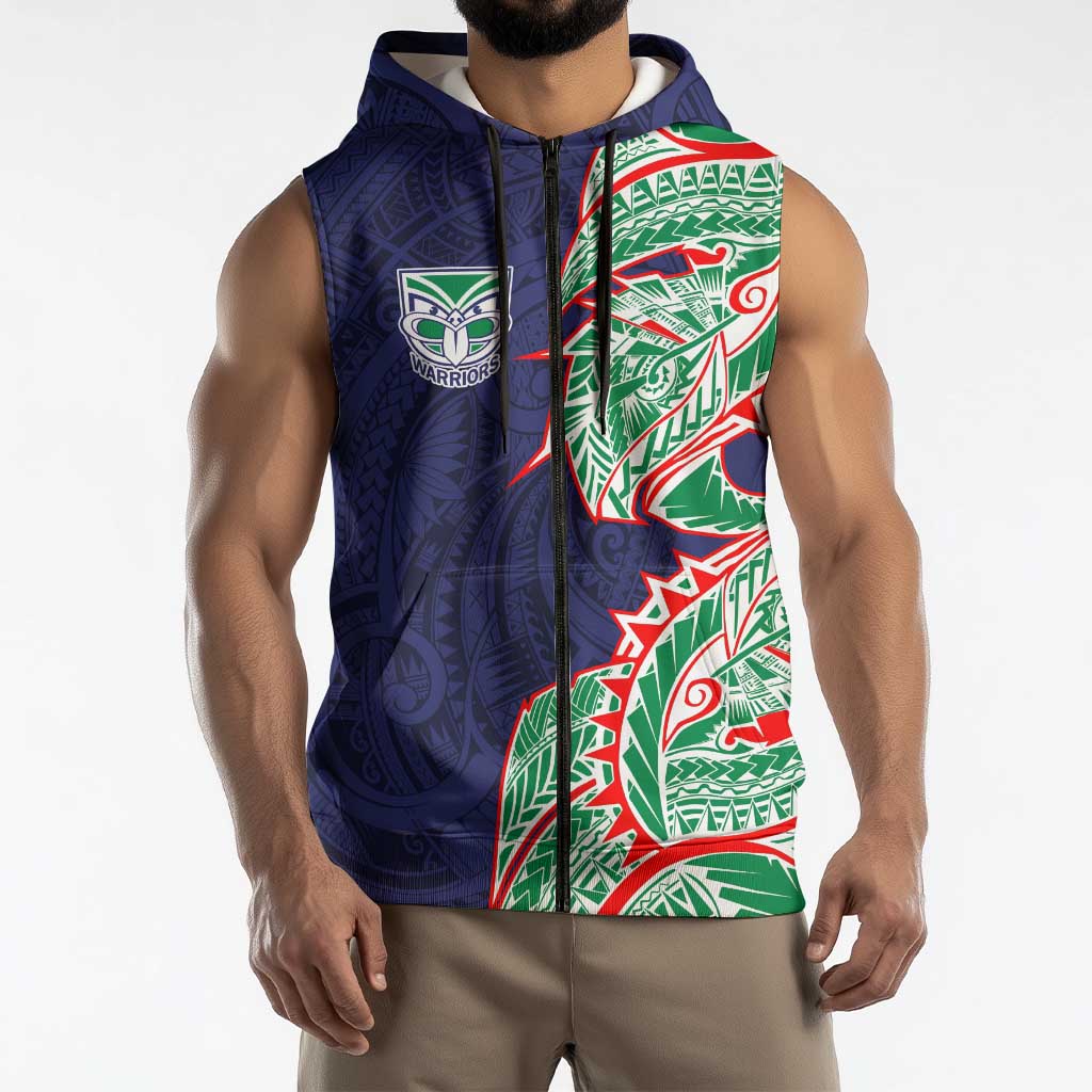 New Zealand Warriors Sleeveless Zip Hoodie Polynesian Tribal Tattoo Pacific Sport Art