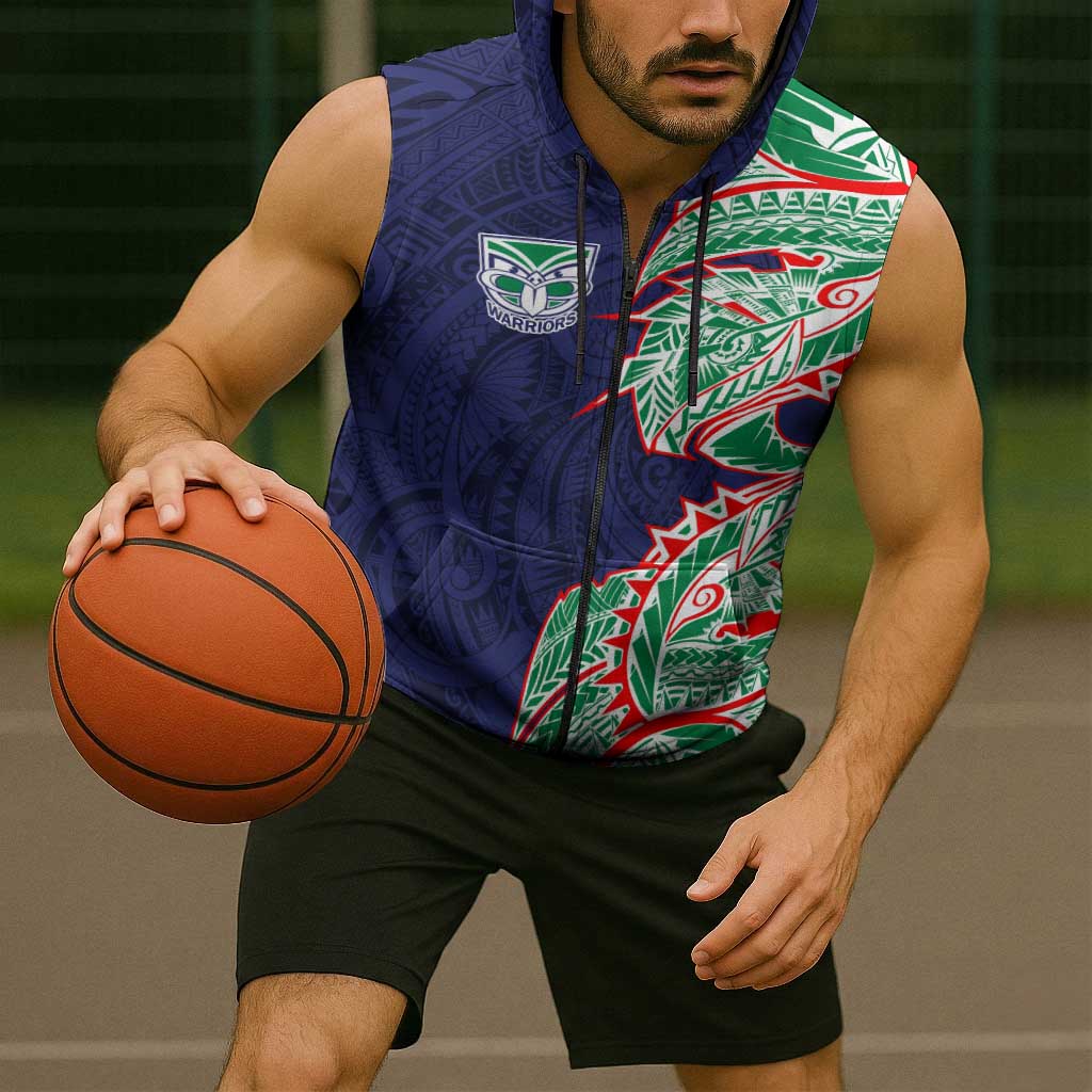 New Zealand Warriors Sleeveless Zip Hoodie Polynesian Tribal Tattoo Pacific Sport Art