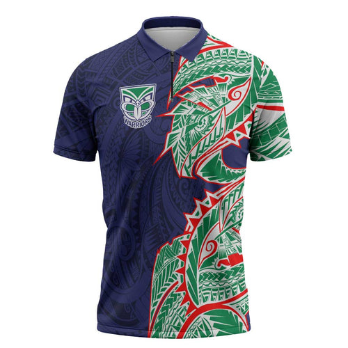 New Zealand Warriors Zipper Polo Shirt Polynesian Tribal Tattoo Pacific Sport Art