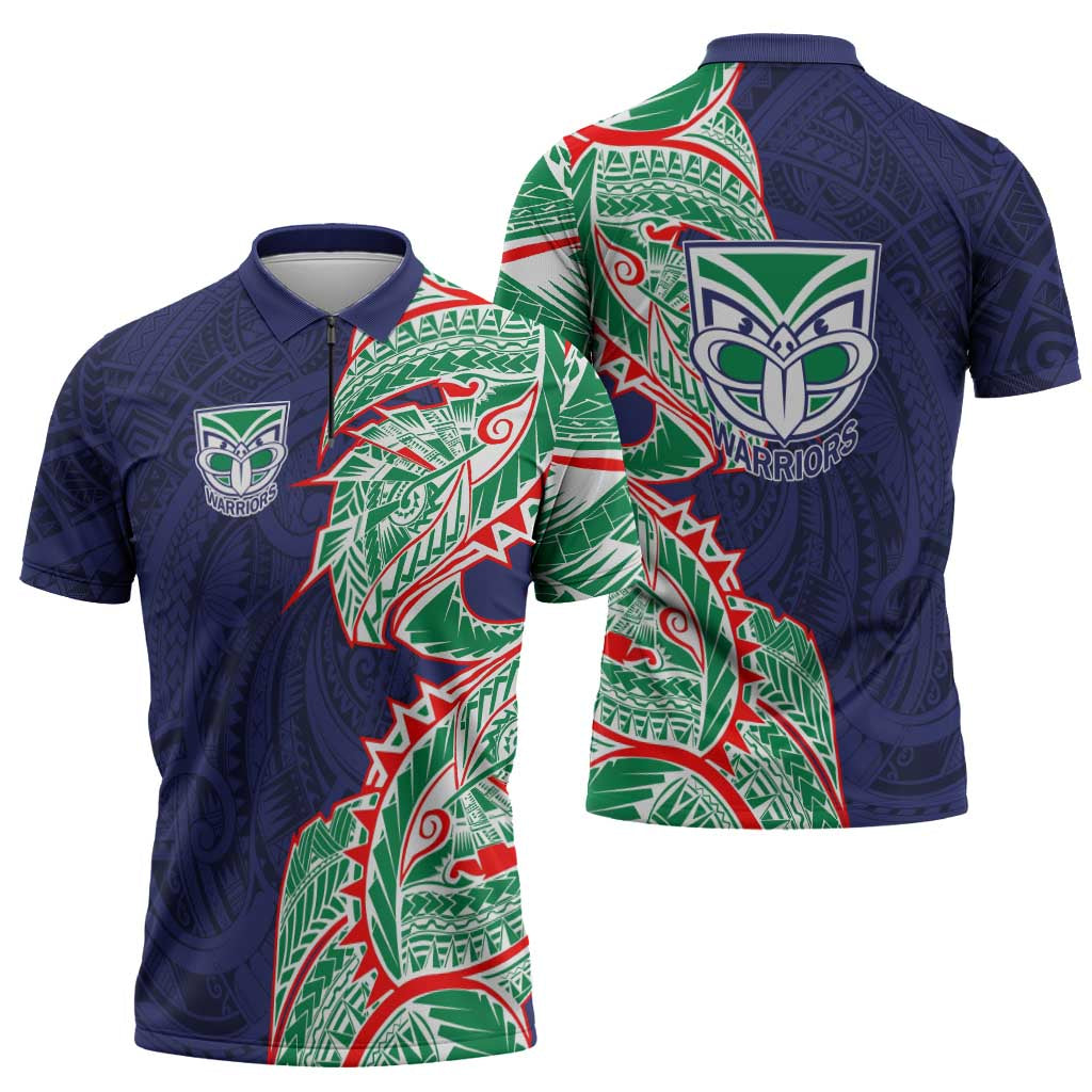 New Zealand Warriors Zipper Polo Shirt Polynesian Tribal Tattoo Pacific Sport Art
