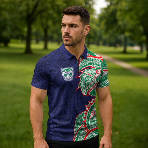 New Zealand Warriors Zipper Polo Shirt Polynesian Tribal Tattoo Pacific Sport Art