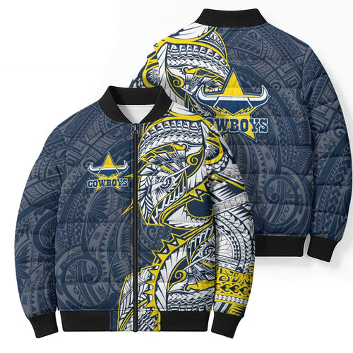 North Queensland Cowboys Bomber Puffer Jacket Polynesian Tribal Tattoo Pacific Sport Art