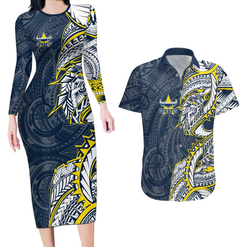 North Queensland Cowboys Couples Matching Long Sleeve Bodycon Dress and Hawaiian Shirt Polynesian Tribal Tattoo Pacific Sport Art