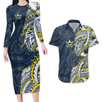 North Queensland Cowboys Couples Matching Long Sleeve Bodycon Dress and Hawaiian Shirt Polynesian Tribal Tattoo Pacific Sport Art
