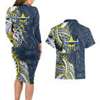 North Queensland Cowboys Couples Matching Long Sleeve Bodycon Dress and Hawaiian Shirt Polynesian Tribal Tattoo Pacific Sport Art