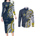 North Queensland Cowboys Couples Matching Long Sleeve Bodycon Dress and Long Sleeve Button Shirt Polynesian Tribal Tattoo Pacific Sport Art