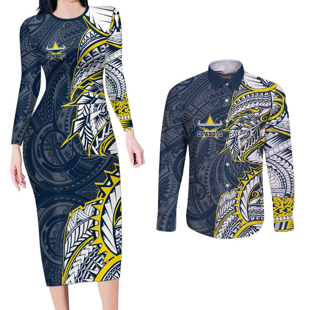 North Queensland Cowboys Couples Matching Long Sleeve Bodycon Dress and Long Sleeve Button Shirt Polynesian Tribal Tattoo Pacific Sport Art