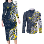 North Queensland Cowboys Couples Matching Long Sleeve Bodycon Dress and Long Sleeve Button Shirt Polynesian Tribal Tattoo Pacific Sport Art
