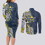 North Queensland Cowboys Couples Matching Long Sleeve Bodycon Dress and Long Sleeve Button Shirt Polynesian Tribal Tattoo Pacific Sport Art
