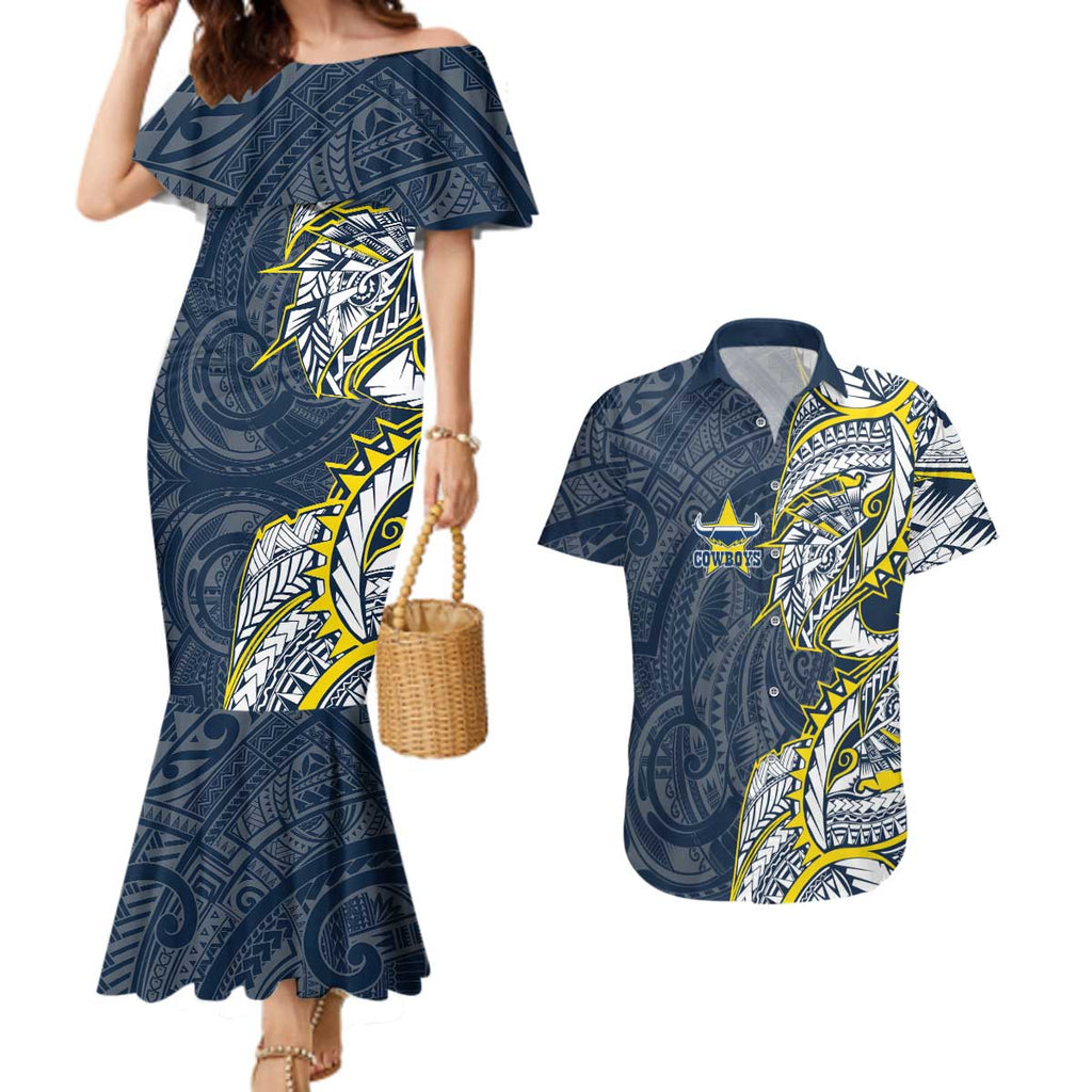 North Queensland Cowboys Couples Matching Mermaid Dress and Hawaiian Shirt Polynesian Tribal Tattoo Pacific Sport Art