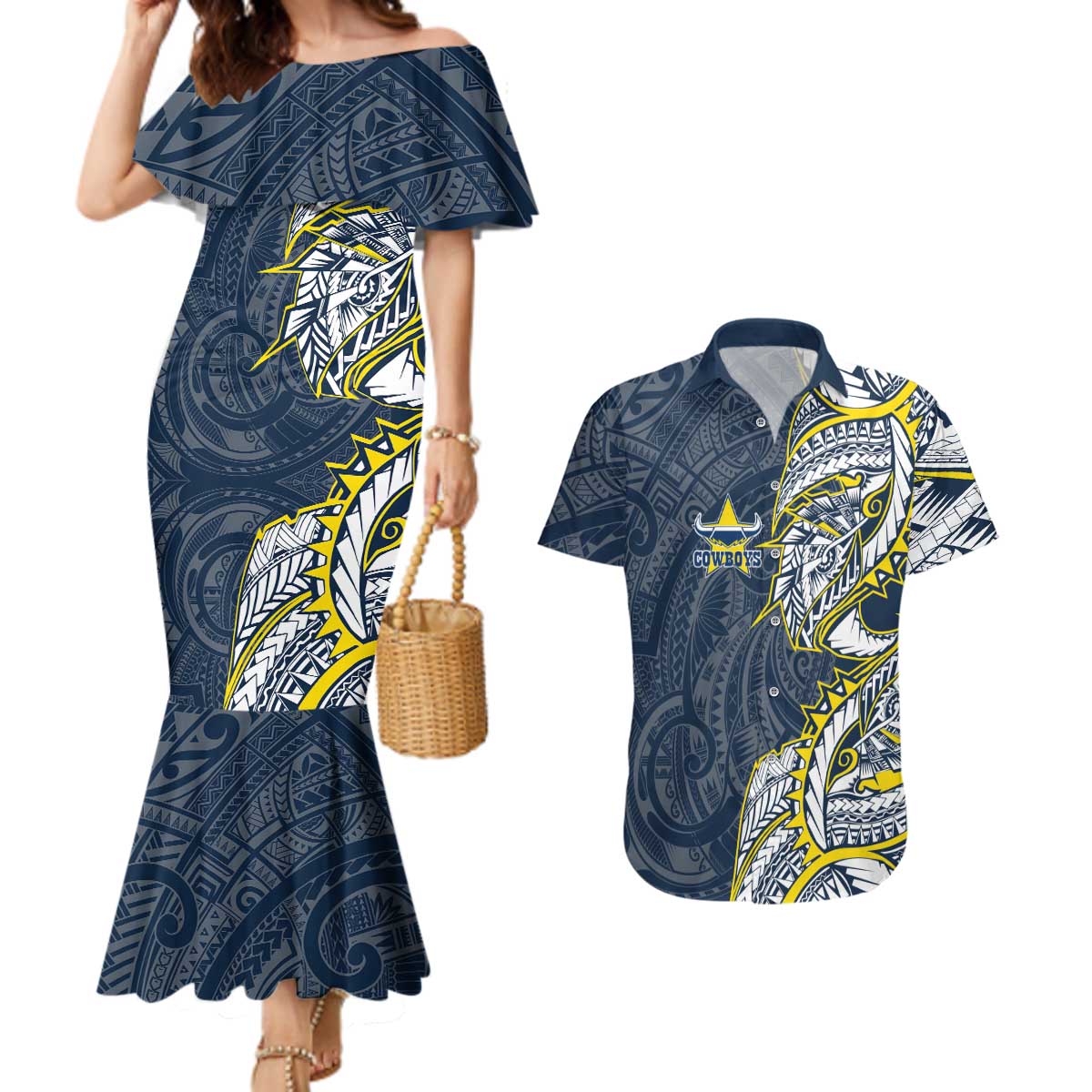 North Queensland Cowboys Couples Matching Mermaid Dress and Hawaiian Shirt Polynesian Tribal Tattoo Pacific Sport Art