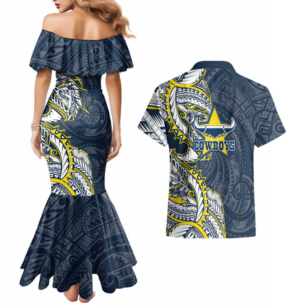North Queensland Cowboys Couples Matching Mermaid Dress and Hawaiian Shirt Polynesian Tribal Tattoo Pacific Sport Art