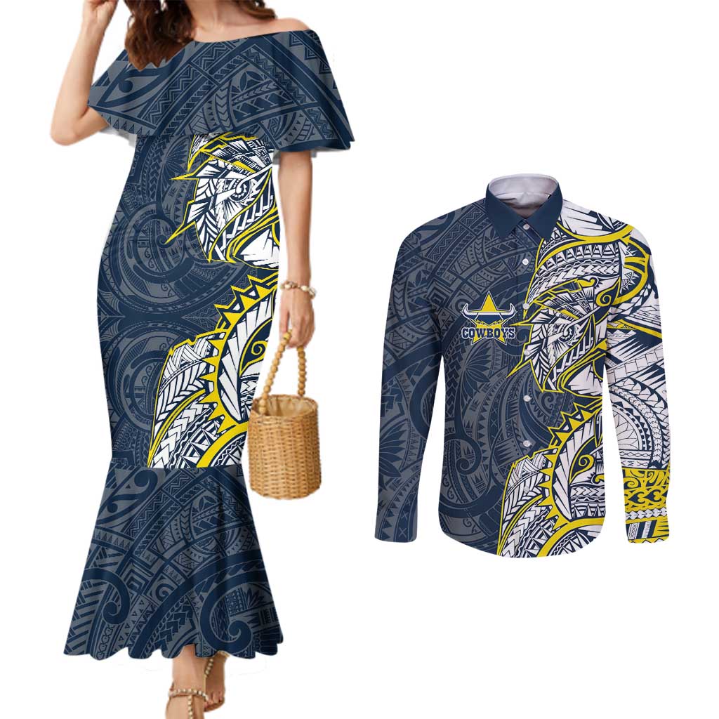 North Queensland Cowboys Couples Matching Mermaid Dress and Long Sleeve Button Shirt Polynesian Tribal Tattoo Pacific Sport Art