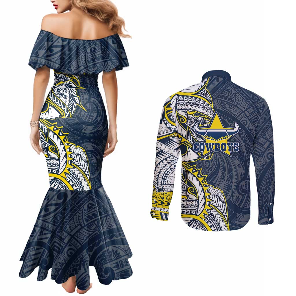North Queensland Cowboys Couples Matching Mermaid Dress and Long Sleeve Button Shirt Polynesian Tribal Tattoo Pacific Sport Art