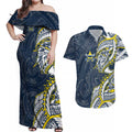 North Queensland Cowboys Couples Matching Off Shoulder Maxi Dress and Hawaiian Shirt Polynesian Tribal Tattoo Pacific Sport Art