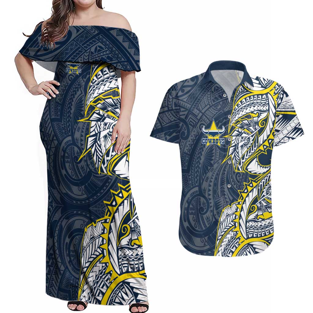 North Queensland Cowboys Couples Matching Off Shoulder Maxi Dress and Hawaiian Shirt Polynesian Tribal Tattoo Pacific Sport Art