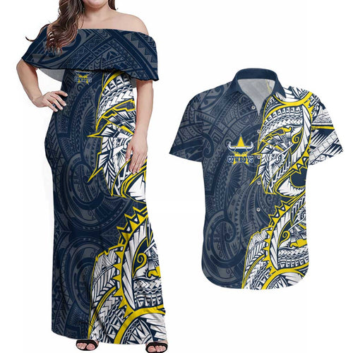 North Queensland Cowboys Couples Matching Off Shoulder Maxi Dress and Hawaiian Shirt Polynesian Tribal Tattoo Pacific Sport Art