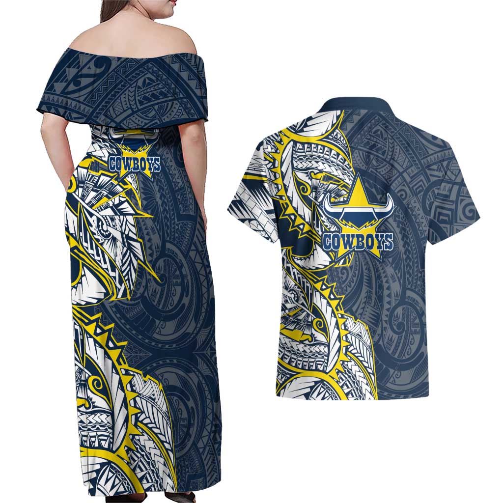 North Queensland Cowboys Couples Matching Off Shoulder Maxi Dress and Hawaiian Shirt Polynesian Tribal Tattoo Pacific Sport Art