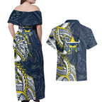North Queensland Cowboys Couples Matching Off Shoulder Maxi Dress and Hawaiian Shirt Polynesian Tribal Tattoo Pacific Sport Art