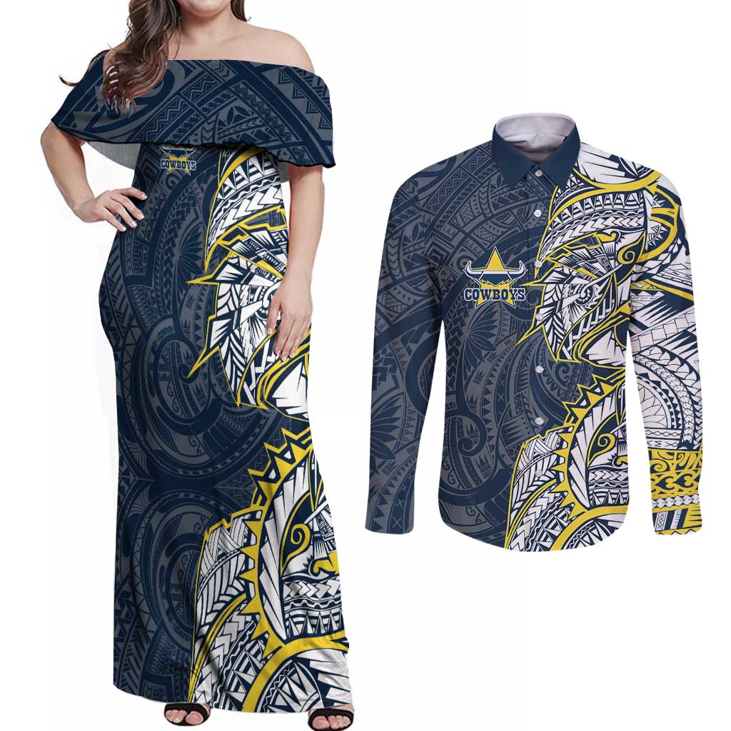 North Queensland Cowboys Couples Matching Off Shoulder Maxi Dress and Long Sleeve Button Shirt Polynesian Tribal Tattoo Pacific Sport Art