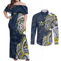 North Queensland Cowboys Couples Matching Off Shoulder Maxi Dress and Long Sleeve Button Shirt Polynesian Tribal Tattoo Pacific Sport Art