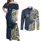 North Queensland Cowboys Couples Matching Off Shoulder Maxi Dress and Long Sleeve Button Shirt Polynesian Tribal Tattoo Pacific Sport Art