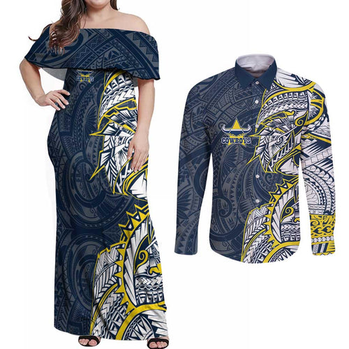 North Queensland Cowboys Couples Matching Off Shoulder Maxi Dress and Long Sleeve Button Shirt Polynesian Tribal Tattoo Pacific Sport Art