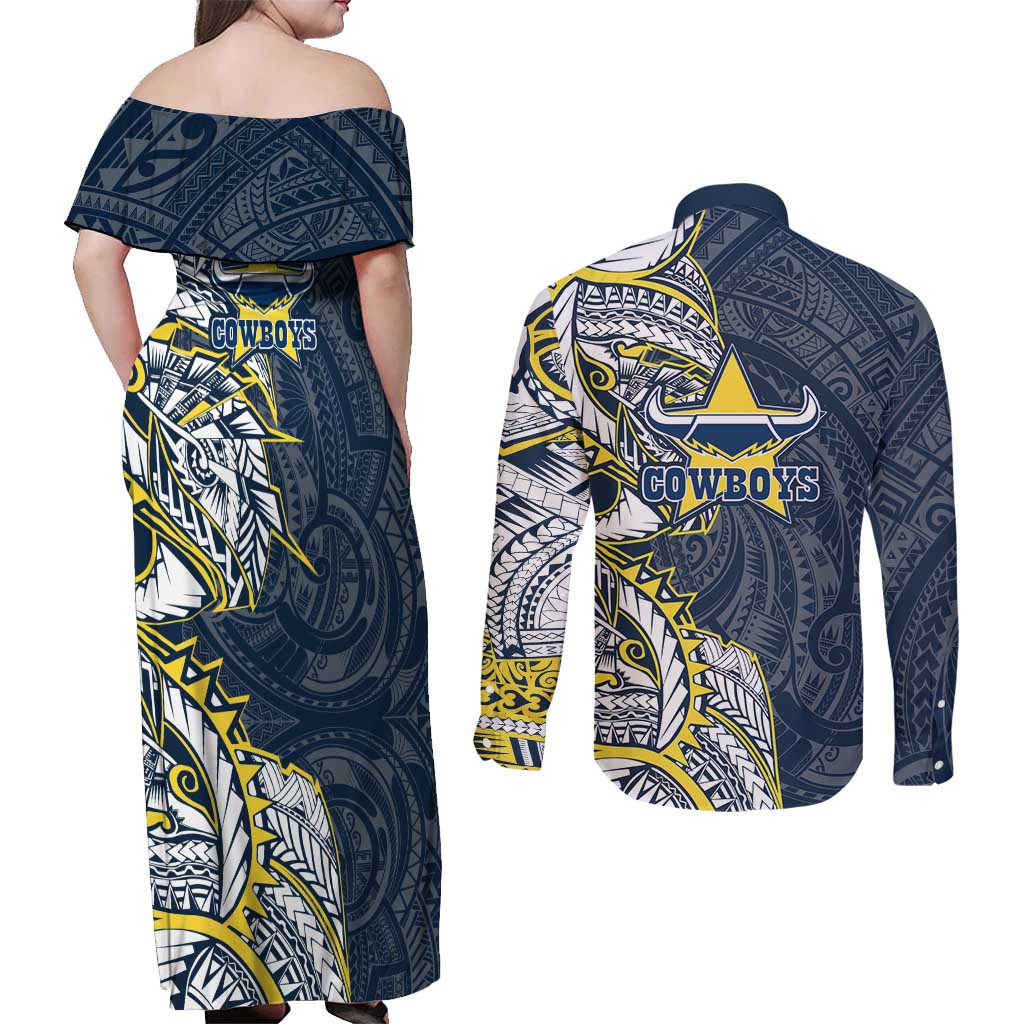North Queensland Cowboys Couples Matching Off Shoulder Maxi Dress and Long Sleeve Button Shirt Polynesian Tribal Tattoo Pacific Sport Art