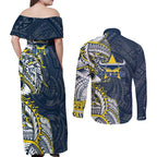 North Queensland Cowboys Couples Matching Off Shoulder Maxi Dress and Long Sleeve Button Shirt Polynesian Tribal Tattoo Pacific Sport Art