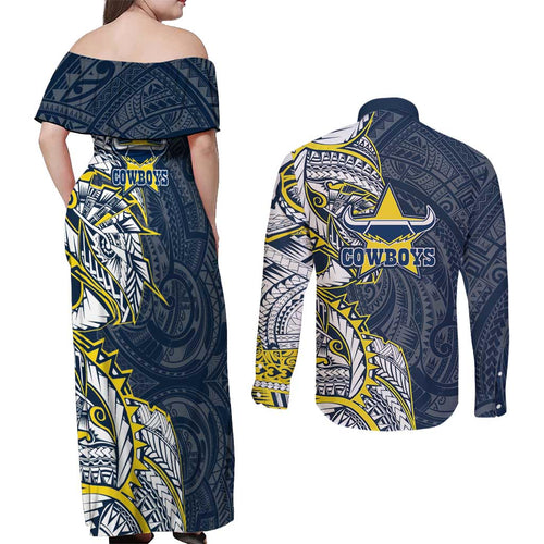 North Queensland Cowboys Couples Matching Off Shoulder Maxi Dress and Long Sleeve Button Shirt Polynesian Tribal Tattoo Pacific Sport Art