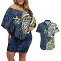 North Queensland Cowboys Couples Matching Off Shoulder Short Dress and Hawaiian Shirt Polynesian Tribal Tattoo Pacific Sport Art