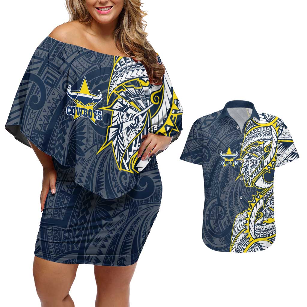 North Queensland Cowboys Couples Matching Off Shoulder Short Dress and Hawaiian Shirt Polynesian Tribal Tattoo Pacific Sport Art