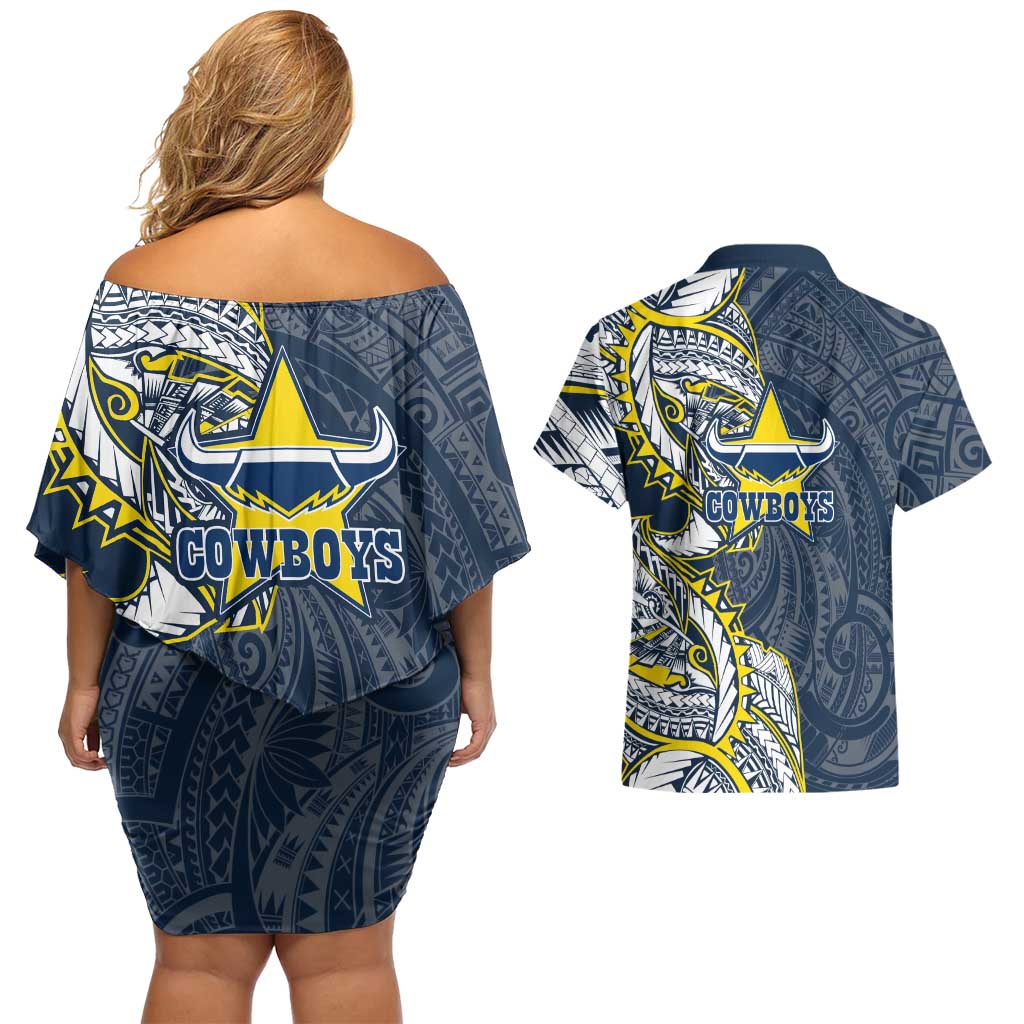 North Queensland Cowboys Couples Matching Off Shoulder Short Dress and Hawaiian Shirt Polynesian Tribal Tattoo Pacific Sport Art