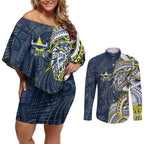North Queensland Cowboys Couples Matching Off Shoulder Short Dress and Long Sleeve Button Shirt Polynesian Tribal Tattoo Pacific Sport Art