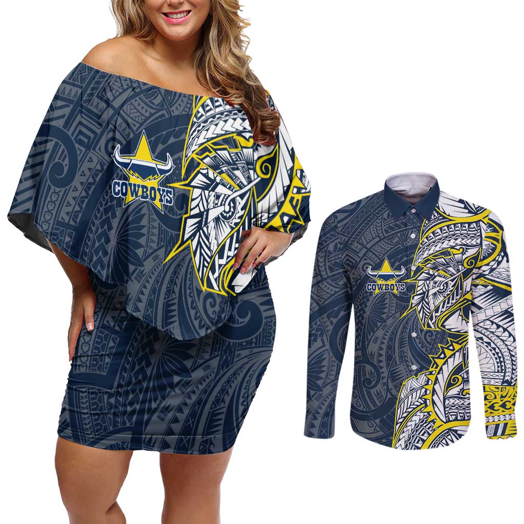 North Queensland Cowboys Couples Matching Off Shoulder Short Dress and Long Sleeve Button Shirt Polynesian Tribal Tattoo Pacific Sport Art