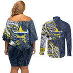North Queensland Cowboys Couples Matching Off Shoulder Short Dress and Long Sleeve Button Shirt Polynesian Tribal Tattoo Pacific Sport Art