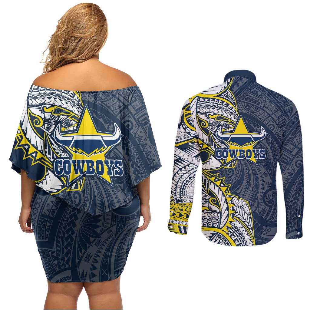 North Queensland Cowboys Couples Matching Off Shoulder Short Dress and Long Sleeve Button Shirt Polynesian Tribal Tattoo Pacific Sport Art