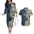 North Queensland Cowboys Couples Matching Off The Shoulder Long Sleeve Dress and Hawaiian Shirt Polynesian Tribal Tattoo Pacific Sport Art