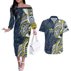 North Queensland Cowboys Couples Matching Off The Shoulder Long Sleeve Dress and Hawaiian Shirt Polynesian Tribal Tattoo Pacific Sport Art