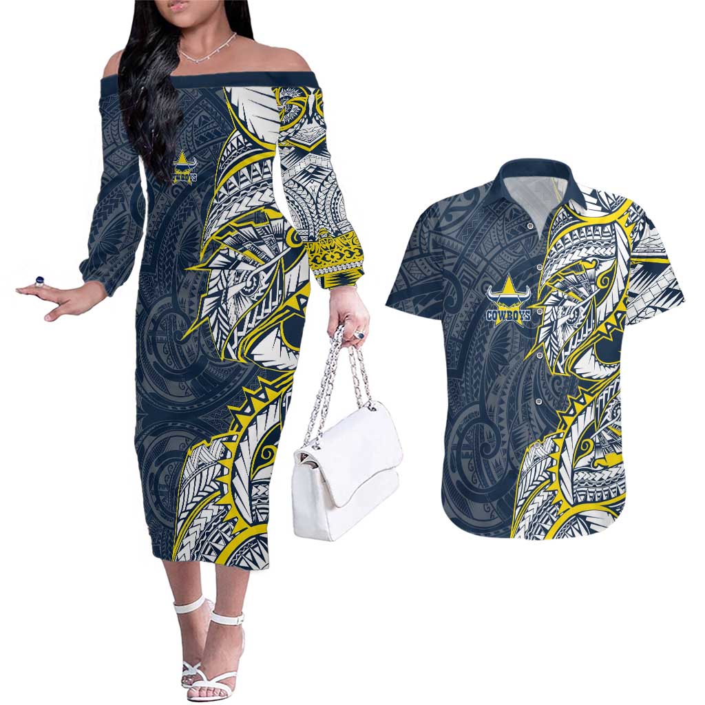 North Queensland Cowboys Couples Matching Off The Shoulder Long Sleeve Dress and Hawaiian Shirt Polynesian Tribal Tattoo Pacific Sport Art
