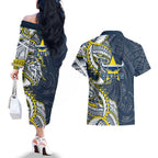North Queensland Cowboys Couples Matching Off The Shoulder Long Sleeve Dress and Hawaiian Shirt Polynesian Tribal Tattoo Pacific Sport Art