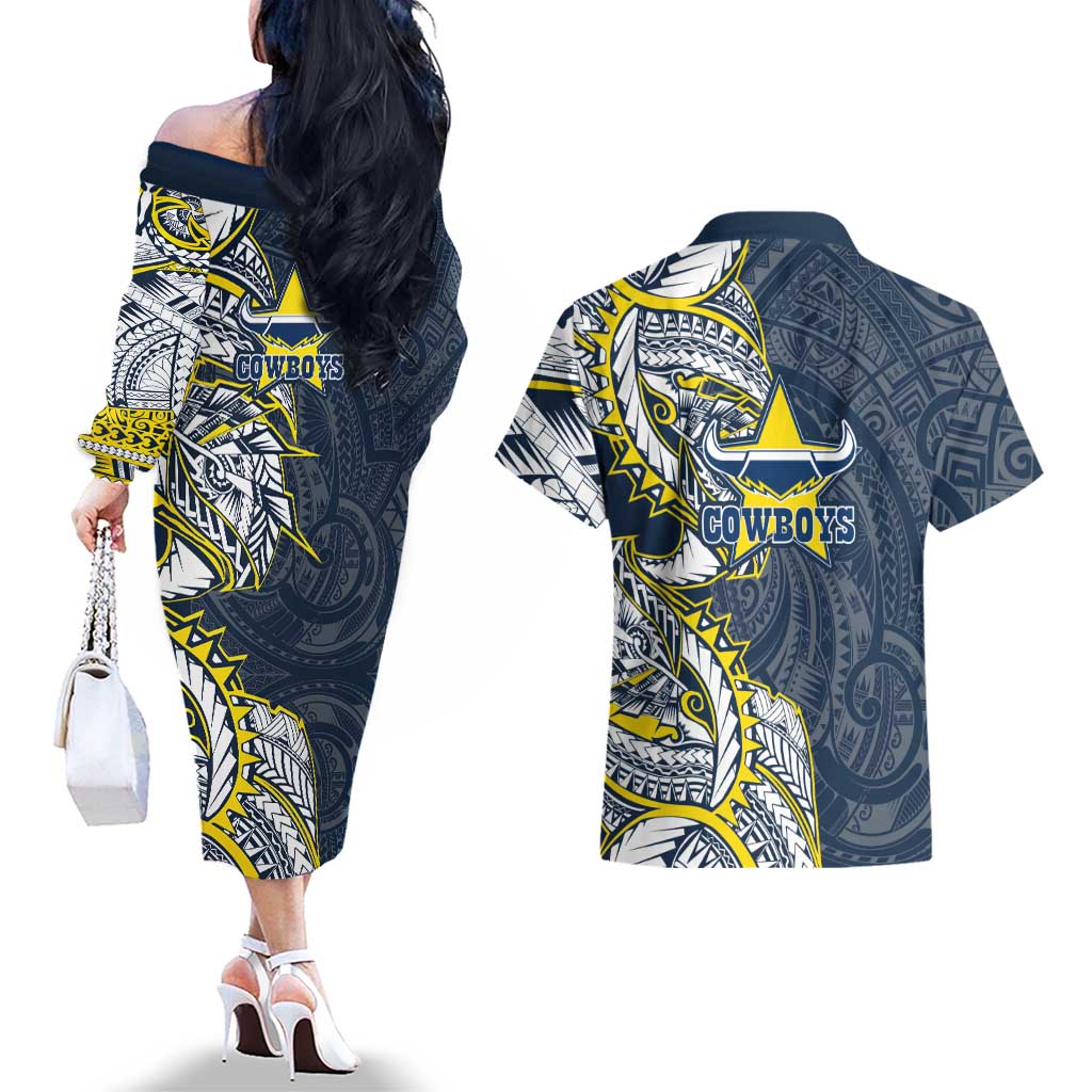 North Queensland Cowboys Couples Matching Off The Shoulder Long Sleeve Dress and Hawaiian Shirt Polynesian Tribal Tattoo Pacific Sport Art